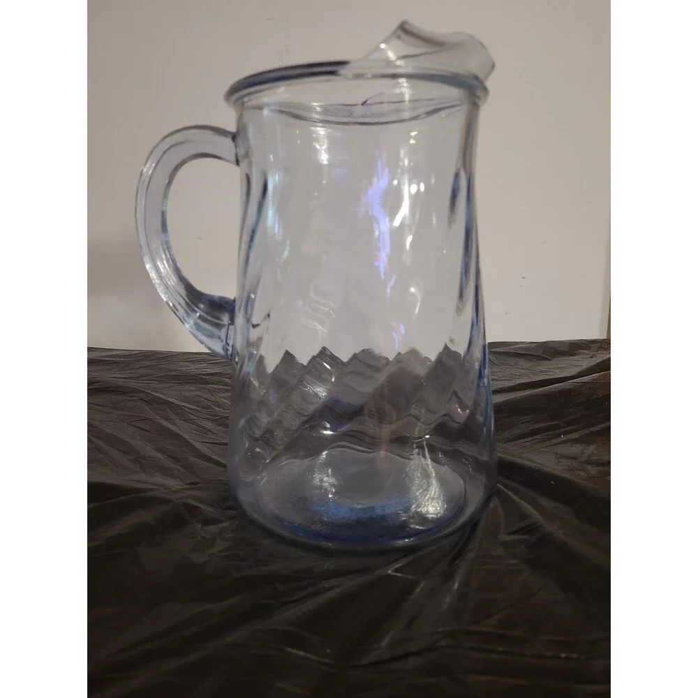 Vintage Indiana Blue Swirled Glass Water Pitcher with Ice Lip 9.25” H